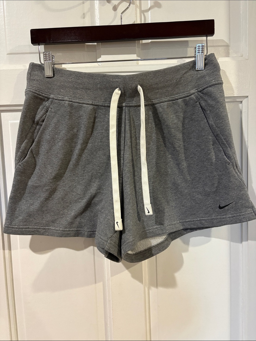 Nike Women's Gray Fleece Drawstring Athletic Shorts with White Ties
